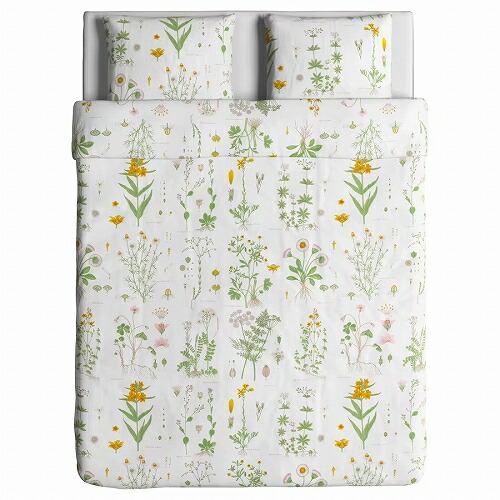 IKEA イケア 掛け布団カバー＆枕カバー フローラルパターン ホワイト ダブル 200x200cm...