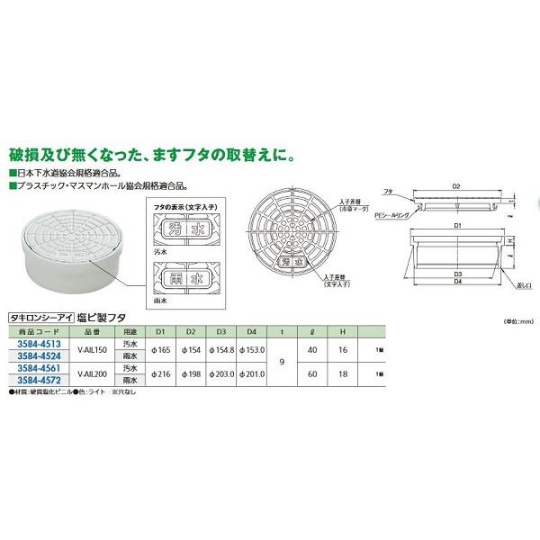 リフォーム用品 タキロン 塩ビ製フタ V-AIL150 ライト 雨水 穴ナシ 35844524