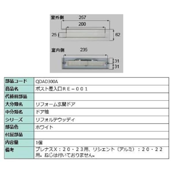 ポスト差入口 RE-001 / 1個 部品色：ホワイト QDAD300A 交換用 部品 LIXIL ...