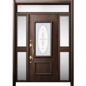 リシェント 玄関ドア3 断熱仕様 / 非防火 K4 C15型 木目調  両袖ランマ付中桟付ポスト無 ...