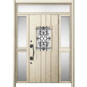 リシェント 玄関ドア3 断熱仕様 / 非防火 K2 D41型 木目調  両袖ランマ付中桟付ポスト付 ...