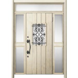 リシェント 玄関ドア3 断熱仕様 / 非防火 K4 D41型 木目調  両袖ランマ付中桟付ポスト無 ...