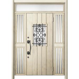 リシェント 玄関ドア3 断熱仕様 / 非防火 K4 D41型 木目調  両袖飾りランマ付中桟付ポスト...