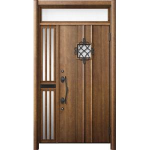 リシェント 玄関ドア3 断熱仕様 / 非防火 K2 D77型 木目調  片袖飾りランマ付中桟付ポスト...