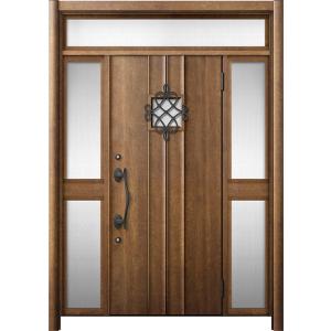 リシェント 玄関ドア3 断熱仕様 / 非防火 K2 D77型 木目調  両袖ランマ付中桟付ポスト無 ...
