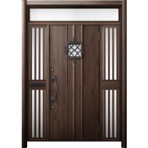 リシェント 玄関ドア3 断熱仕様 / 非防火 K4 D77型 木目調  両袖飾りランマ付中桟付ポスト...