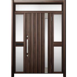 リシェント 玄関ドア3 断熱仕様 / 非防火 K4 P77型 木目調  両袖ランマ付中桟付ポスト付 ...