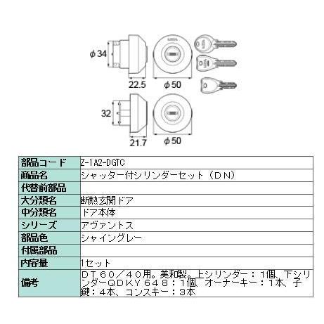 シリンダーセット DNシリンダー 製品色：シャイングレー Z-1A2-DGTC 交換用 部品 LIX...