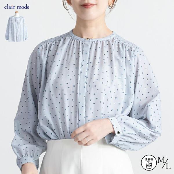 【送料無料】 スクエアドット柄シャーリングブラウス M L 洗える 長袖 レディース トップス ブラ...