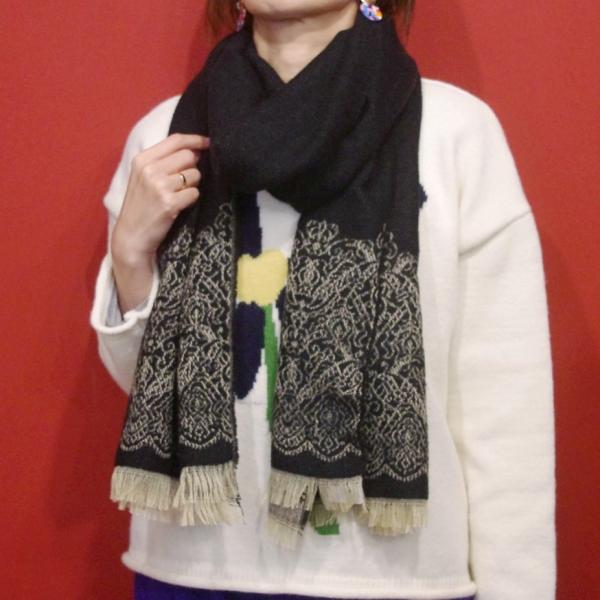 レース柄大判ストール マフラー レディース 秋冬 ブラック ベージュ 黒 両面 花柄 ボタニカル 新...