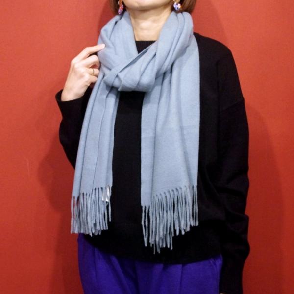 ウール混大判ストール マフラー レディース 無地 秋冬春 ライトブルー 水色 ショール 大きめ 大人...