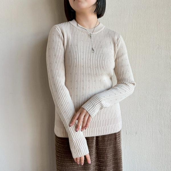 ZAMPAザンパ 二重臼ドットリブニット セーター レディース 丸首 クルーネック 長袖 アイボリー...