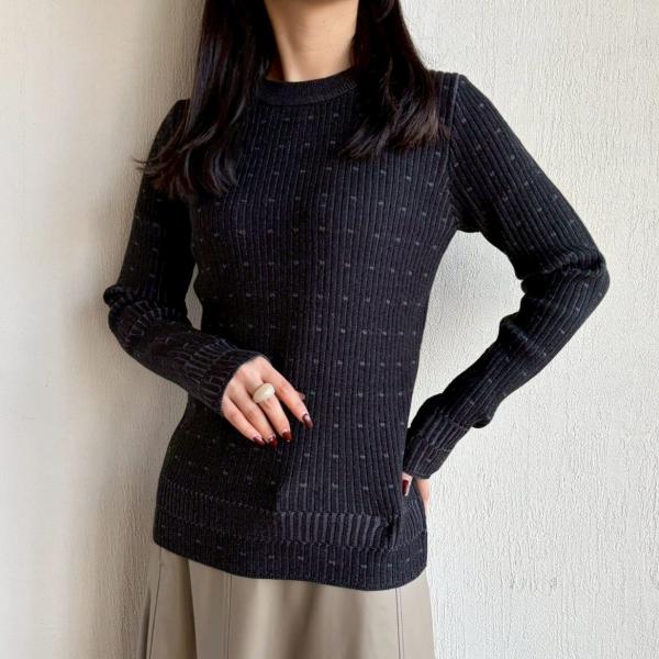 ZAMPAザンパ 二重臼ドットリブニット セーター レディース 丸首 クルーネック 長袖 ブラック ...