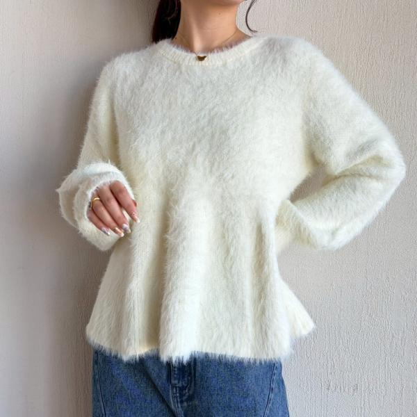 ZAMPAザンパ フェザーヤーンペプラムニット セーター レディース 丸首 クルーネック 長袖 オフ...