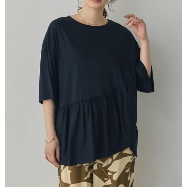 hunchハンチ ペプラム5分袖カットソー Tシャツ トップス レディース ネイビー 紺 フリル 綿...