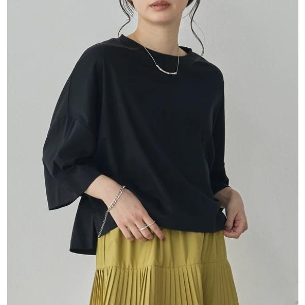 hunchハンチ ボックスワイドシルエット6分袖Tシャツ トップス カットソー レディース ブラック...