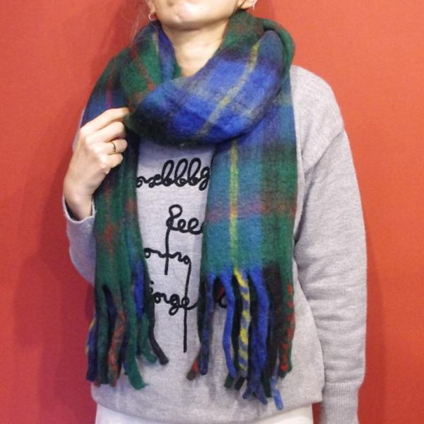 インド製ウールブレンドチェック柄大判マフラー レディース メンズ 秋冬 あったか シャギー ストール...