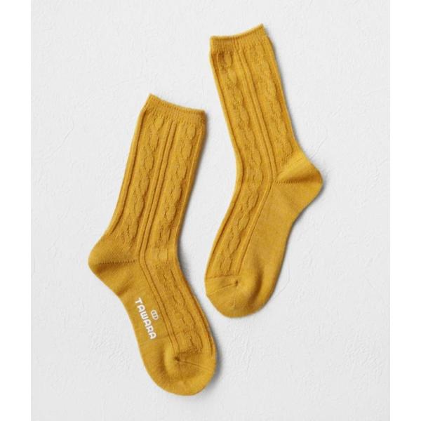 TAWARA ウール混ケーブル編みソックス クルーソックス マスタード イエロー 黄色 あったか 靴...