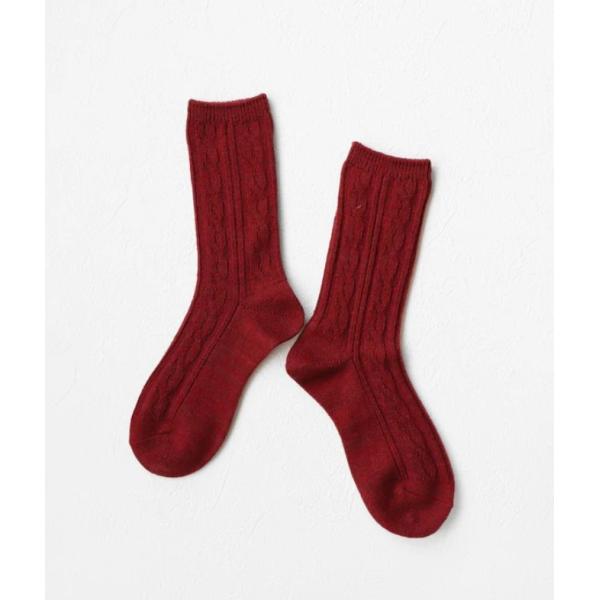 TAWARA ウール混ケーブル編みソックス クルーソックス ワインレッド ボルドー あったか 靴下 ...