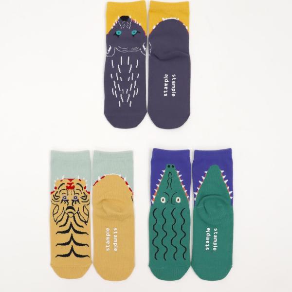 stample パクッ！アニマル柄３足組クルーソックス 靴下 レディース スタンプル 動物 トラ お...