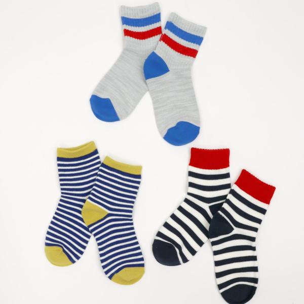 stampleスタンプル スリーボーダー３足組ショートソックス 靴下 レディース クルー おしゃれ ...