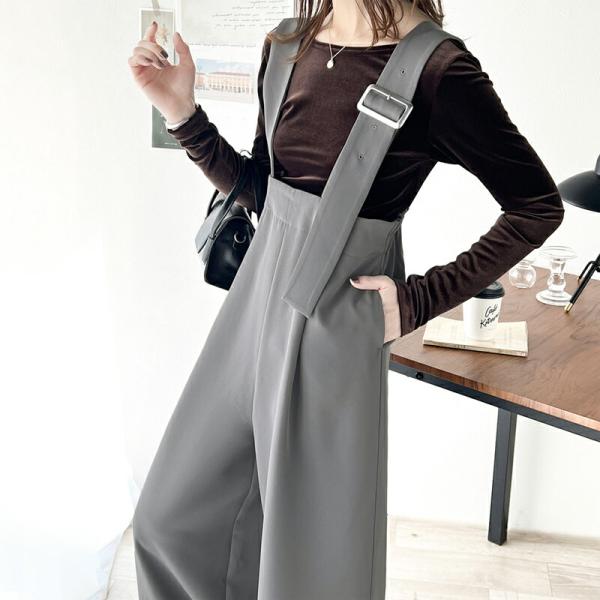 サロペット レディース アシメ バックル ベルト サロペ 肩紐 調節 ウエスト ゴム ハイウエスト ...