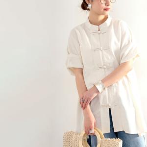 レディース トップス シャツ ブラウス フレンチ リネン 麻 カンフー 無地 バンドカラー スタンドカラー 羽織り ゆったり チャイナブラウス