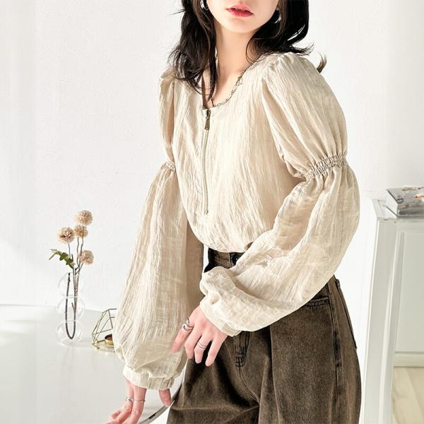 トップス ブラウス レディース ワッシャー加工 微光沢素材 プルオーバー ハーフジップ カジュアル感...