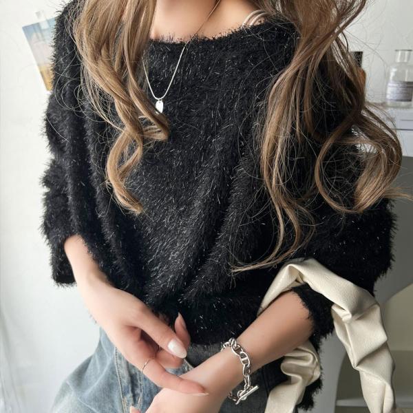 トップス ニット レディース ボートネック セーター ラメ ふわふわ シャギーニット ゆるっと オー...