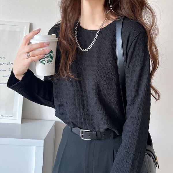 トップス Tシャツ カットソー レディース ジャガード クルーネック 長袖 プルオーバー ベーシック...