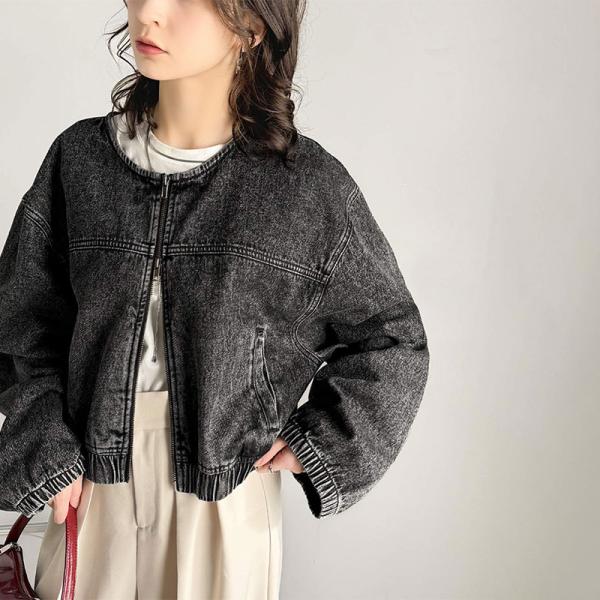 アウター ジャケット レディース 綿 100% ダブルジップ 首元 すっきり ノーカラー デニム ブ...