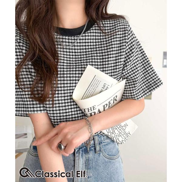 ぽこぽこが可愛い！ストレッチ素材シャーリングギンガムチェックトップス（半袖） Classical E...