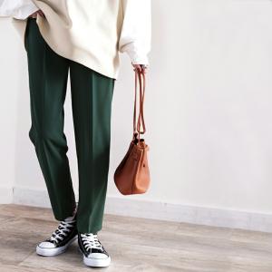 メール便  レディース 大きいサイズ ボトムス センタープレス カットパンツ ゆったり 美脚魅せ ソフトジョーゼット テーパード パンツ グリーン オレン