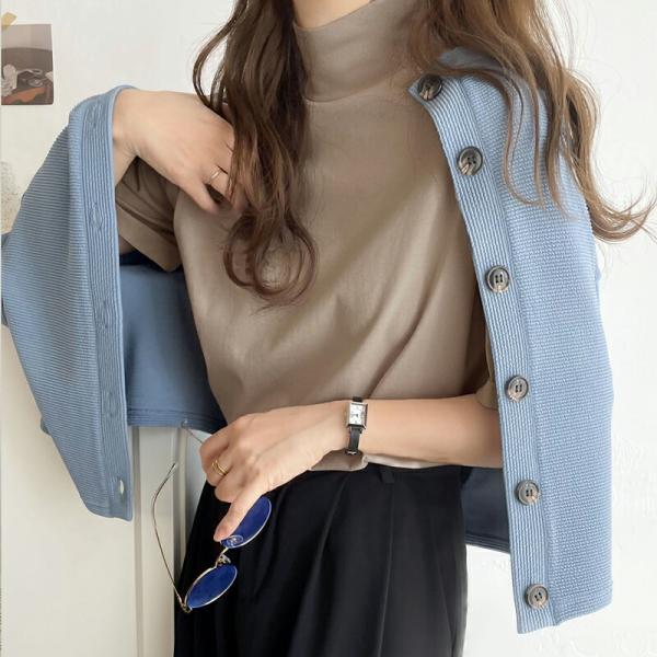 トップス tシャツ レディース シルケット ハイネック カットソー 半袖 きれいめ レイヤードコーデ...