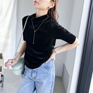 トップス Tシャツ レディース カットソー ベロア素材 モックネック 半袖 光沢感 ヌーディーカラー 程よい フィット感 コンパクト