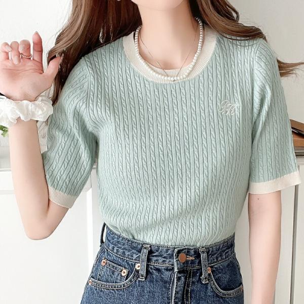 トップス ニット レディース レトロ ケーブル 編み 胸 ワンポイント 刺しゅう 半袖 プルオーバー...