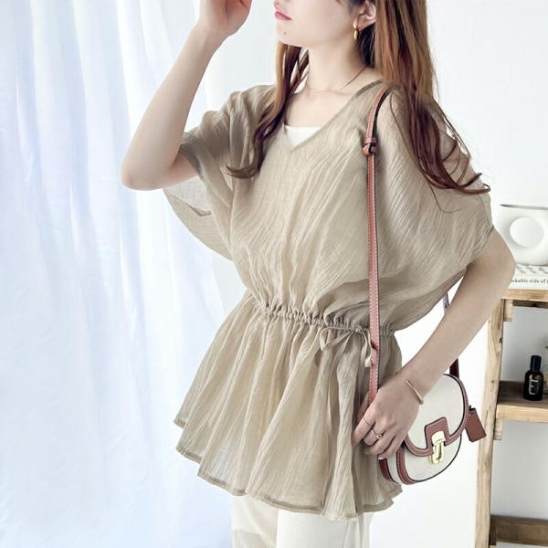 トップス シャツ レディース 凹凸 シアー 素材 前後 2way Xライン ギャザー ボリューム ブ...