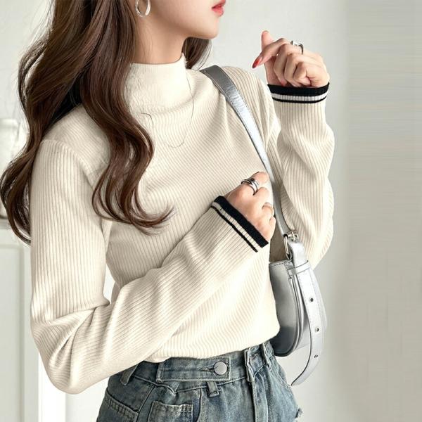トップス ニット レディース 袖 W 配色 ハイネック リブニット シンプル 万能 インナー レイヤ...