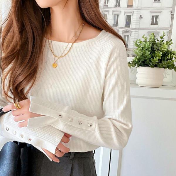 トップス ニット レディース 袖 ボタン クルーネック リブニット 無地 ボーダー 袖先 スリット ...