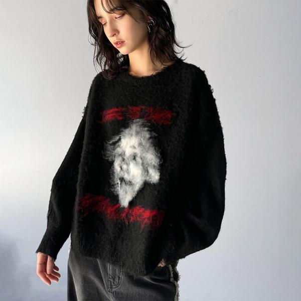 トップス ニット レディース メンズ プルオーバー シャギー 人物モチーフ 起毛 ふんわり素材 オー...