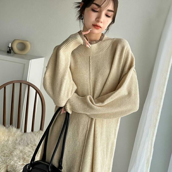 ワンピース レディース ふわもち ミックス カラー 配色 ブークレー ニットワンピ ゆるっと オーバ...