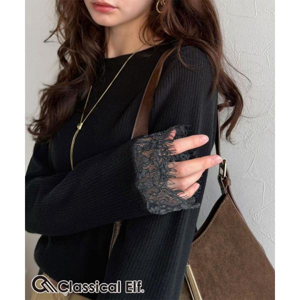 今っぽく、上品に。袖口レースドッキング リブトップス (長袖) Classical Elf クラシカ...