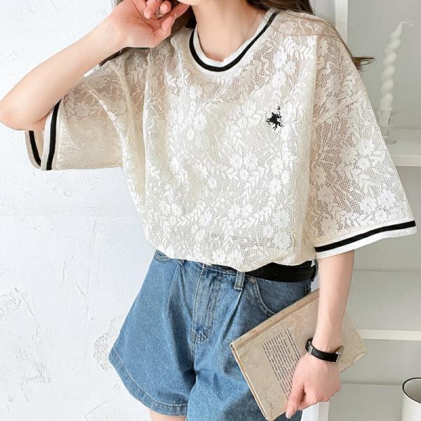 トップス Tシャツ レディース 透け感 クロシェ 風 ドライタッチ レース 配色 リブ ライン 半袖...