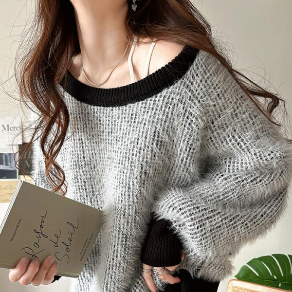 トップス ニット レディース サイド リボン 使い ふわふわ フェザー ヤーン シャギー バイカラー...