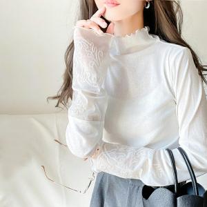 トップス Tシャツ レディース 前後 2way 袖 刺繍 切替 シアー 素材 プルオーバー サムホール オーバーサイズ レイヤードコーデ インナー