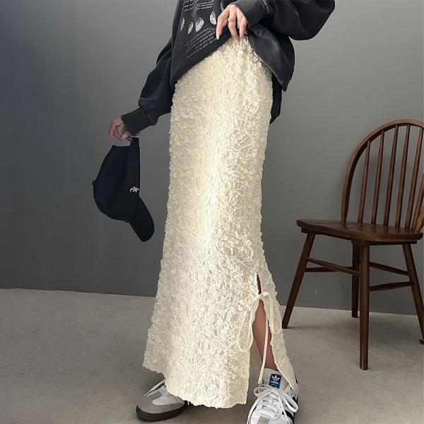 ボトムス スカート レディース ジャガード 素材 サイド スリット バレエコア リボン SK ロング...