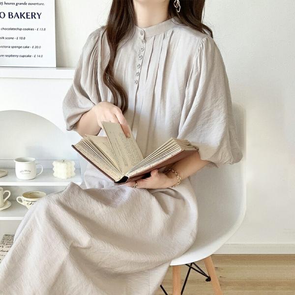 ワンピース レディース 前後 2way ボリューム スリーブ ロング シャツワンピ バンドカラー 羽...