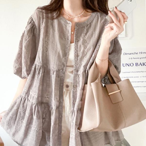 トップス シャツ レディース シアー ヴィンテージ 刺繍 3WAY バルーン スリーブ ティアード ...