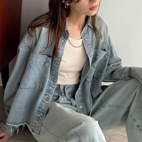 トップス シャツ レディース デニム カジュアル ヴィンテージライク フリンジ クロップド ワイドシ...