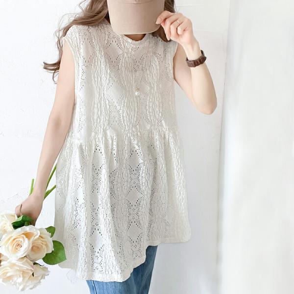 トップス ブラウス レディース ぽこぽこ 立体 レース ティアード ノースリーブ シャツ ペプラム ...